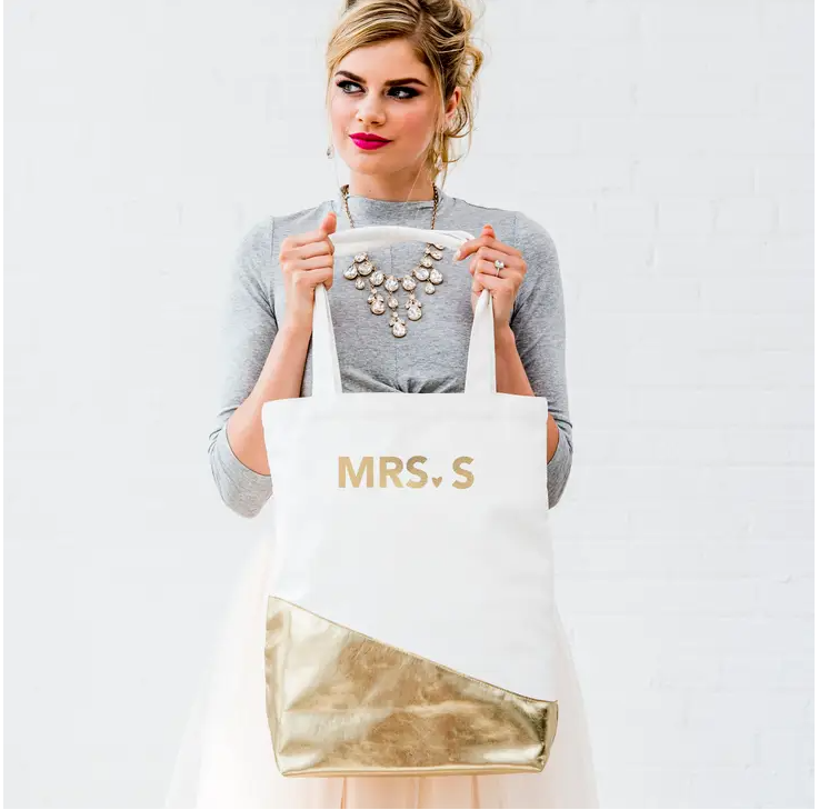 Large Gold & White Cotton Minimalist Tote Bag