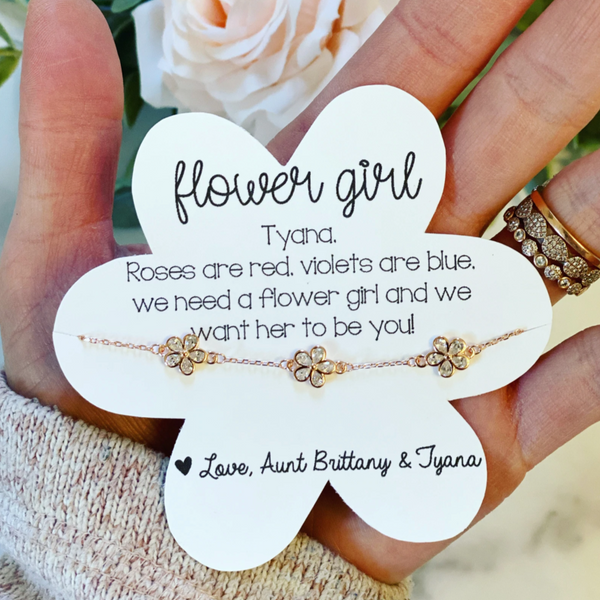 Jewlrey Gift Flower Charm Bracelet For The Flower Girl with Personalized Flower Card Bridesmaid Gifts Boutique