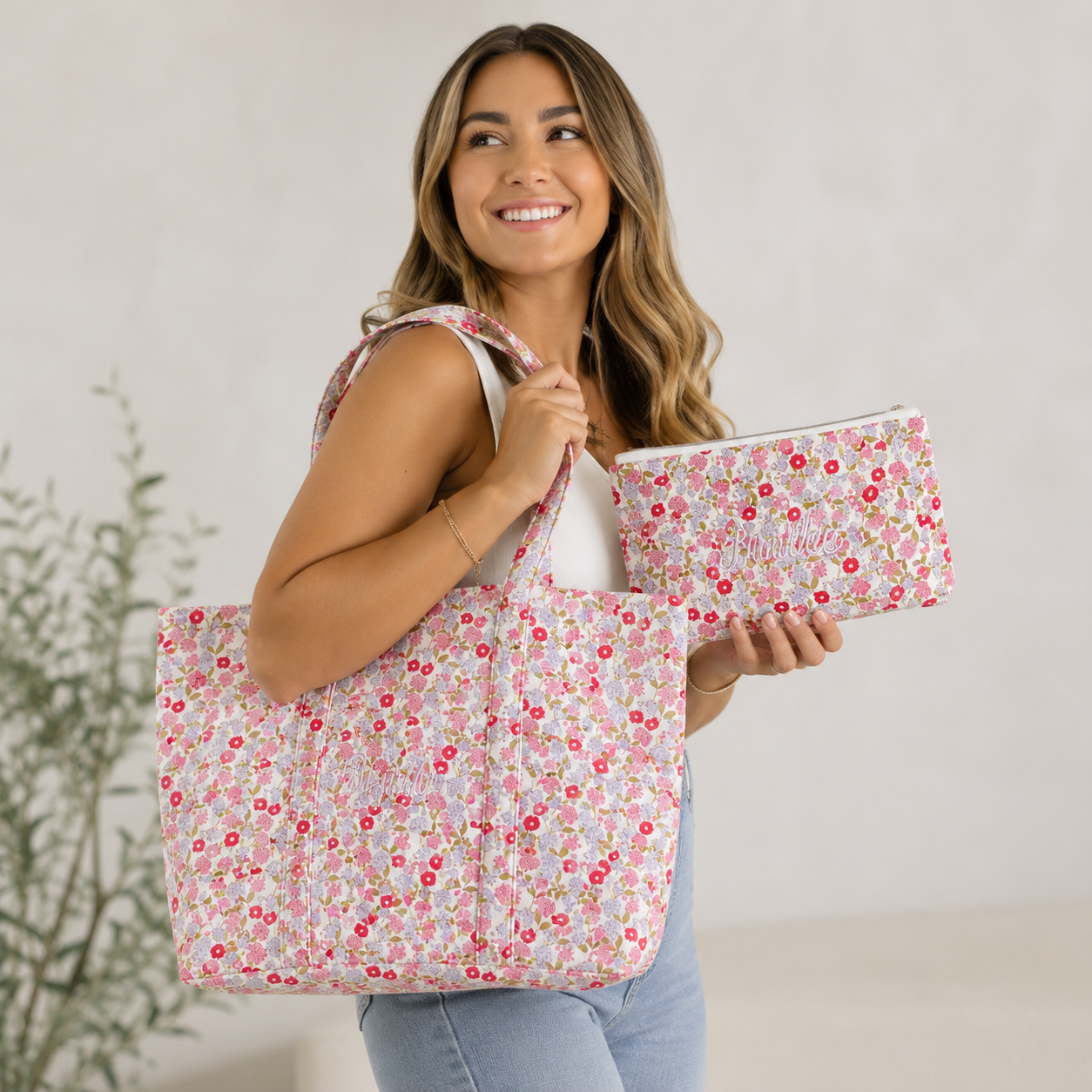 Personalized Floral Tote Bag Matching Cosmetic Pouch Set
