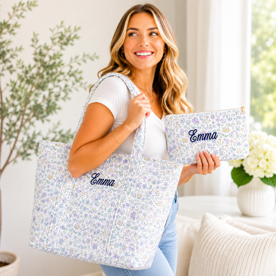 Floral Blue Tote Bag Matching Cosmetic Pouch Set