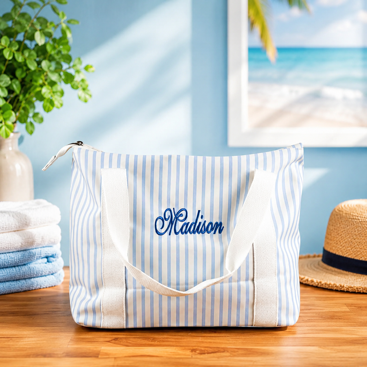 Embroidered Zip Top Tote Bag