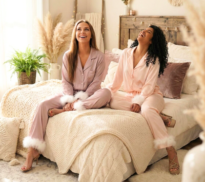 Feathered Trimed Bridal Satin Pajamas Long Pants