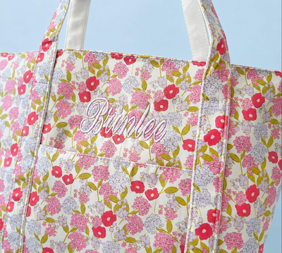 Personalized Floral Tote Bag Matching Cosmetic Pouch Set