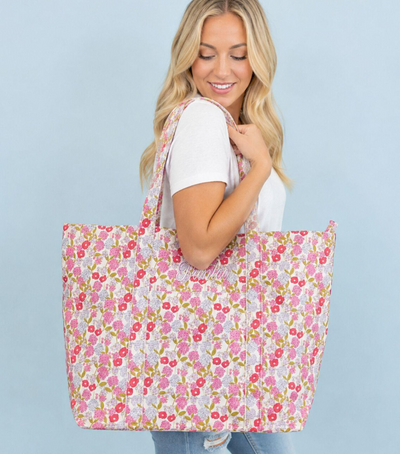 Personalized Floral Tote Bag Matching Cosmetic Pouch Set