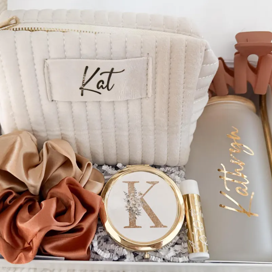 Bridesmaid Gift Ser with cosmetic bag, glass tumbler, and accessories