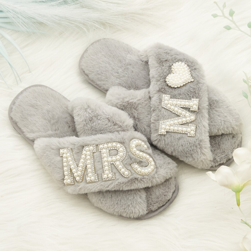 Diamonds and Pearls Fluffy Bridal Slippers