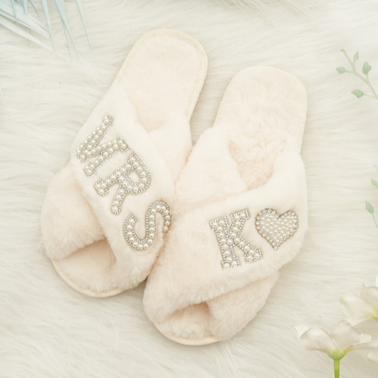 Diamonds and Pearls Fluffy Bridal Slippers