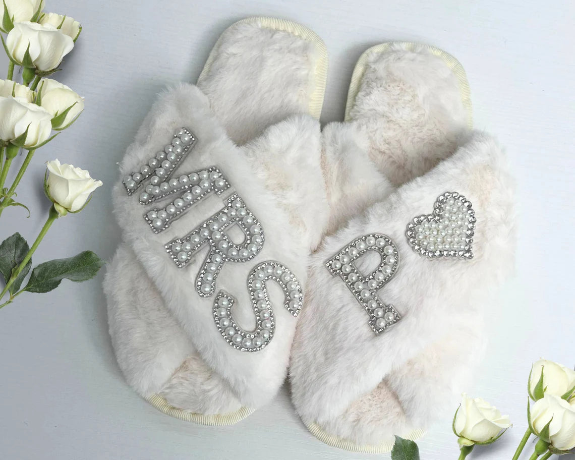 Diamonds and Pearls Fluffy Bridal Slippers