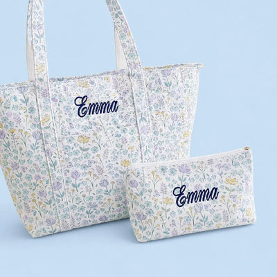 Floral Blue Tote Bag Matching Cosmetic Pouch Set