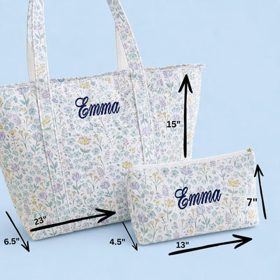 Floral Blue Tote Bag Matching Cosmetic Pouch Set