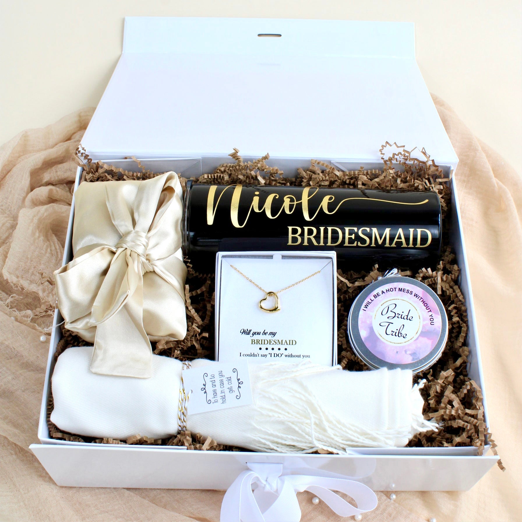 Build a Bridesmaid Proposal Gift Box options include Bridal Robes,  Tumblers, Pashminas, Champagne Glass, Necklace, Candle, Compact -  Bridesmaid Gifts Boutique