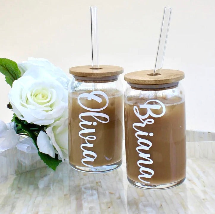 Bridesmaid Gift - Personalized Can Shaped Glass wiTh Cork Lid and Straw -  Bridesmaid Gifts Boutique