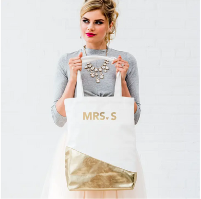Large Gold & White Cotton Minimalist Tote Bag