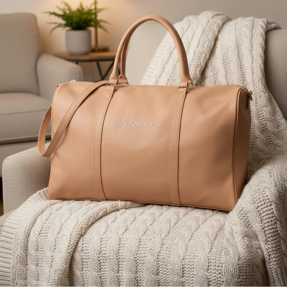 Embroidered Faux Leather Weekender Travel Bag