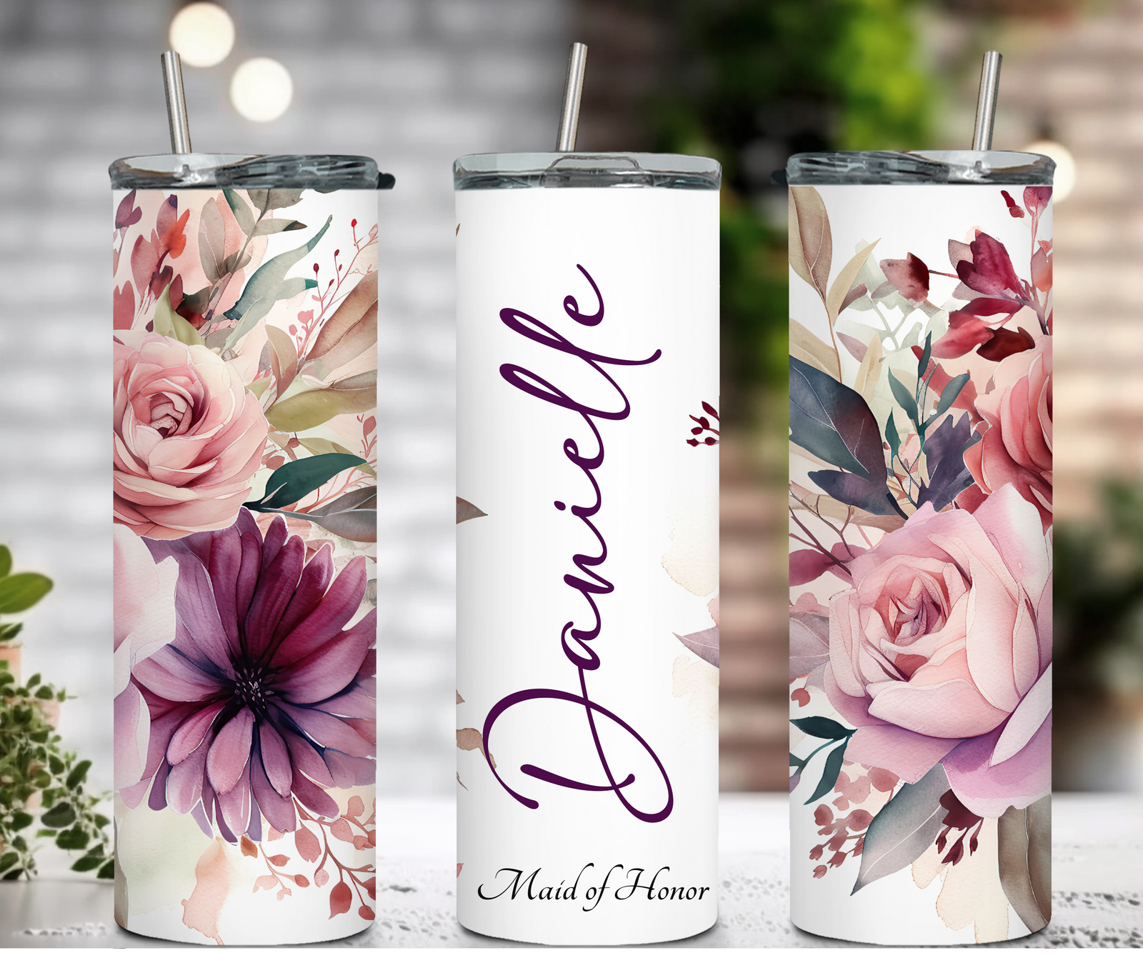 Personalized white tumbler with rose gold vinyl