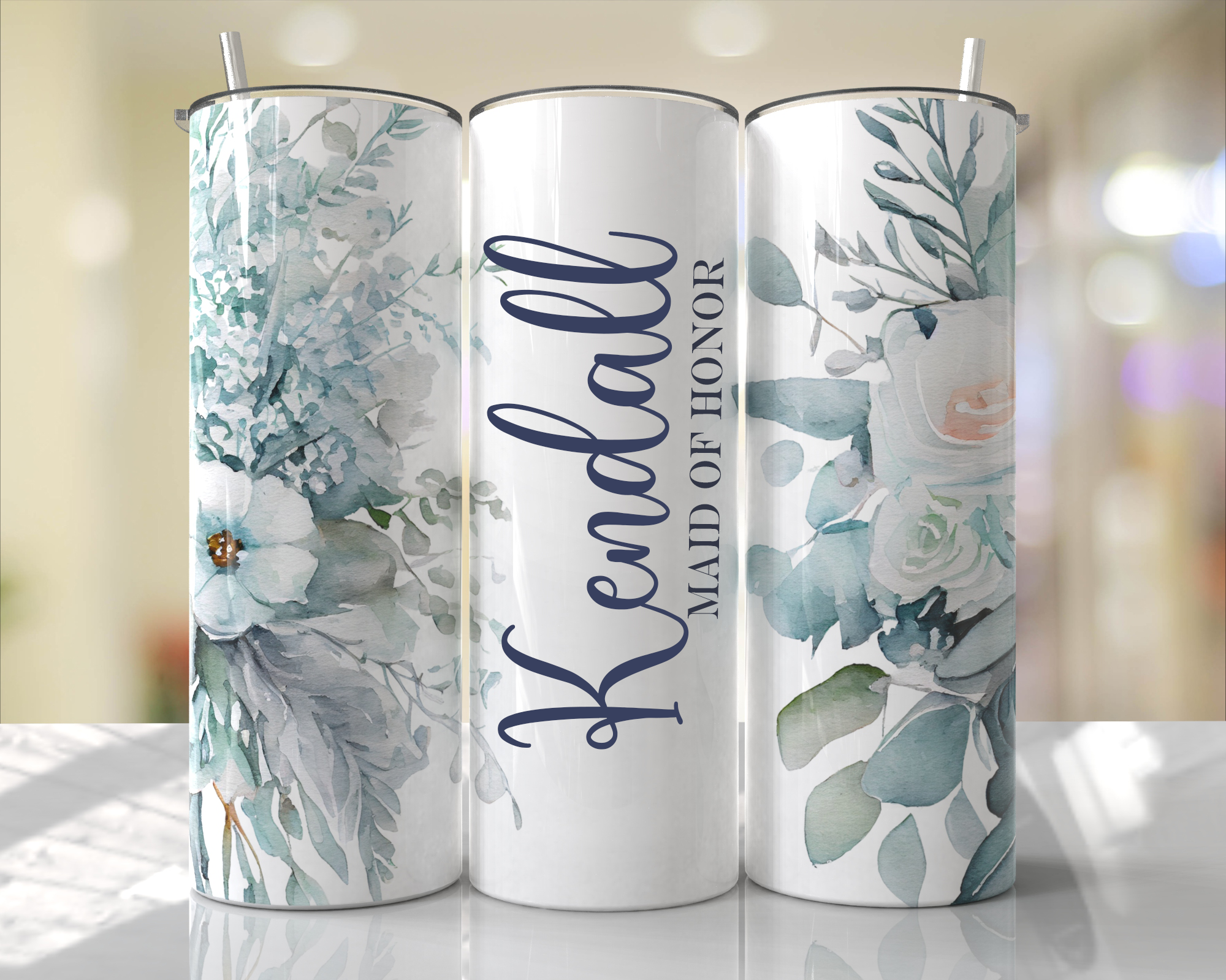 Unique Personalized Bridesmaid Tumbler, Proposal Gift for Maid of Honor, Flower Girl | Custom Tumbler W Camo, Petal, Beach Design from BluChi
