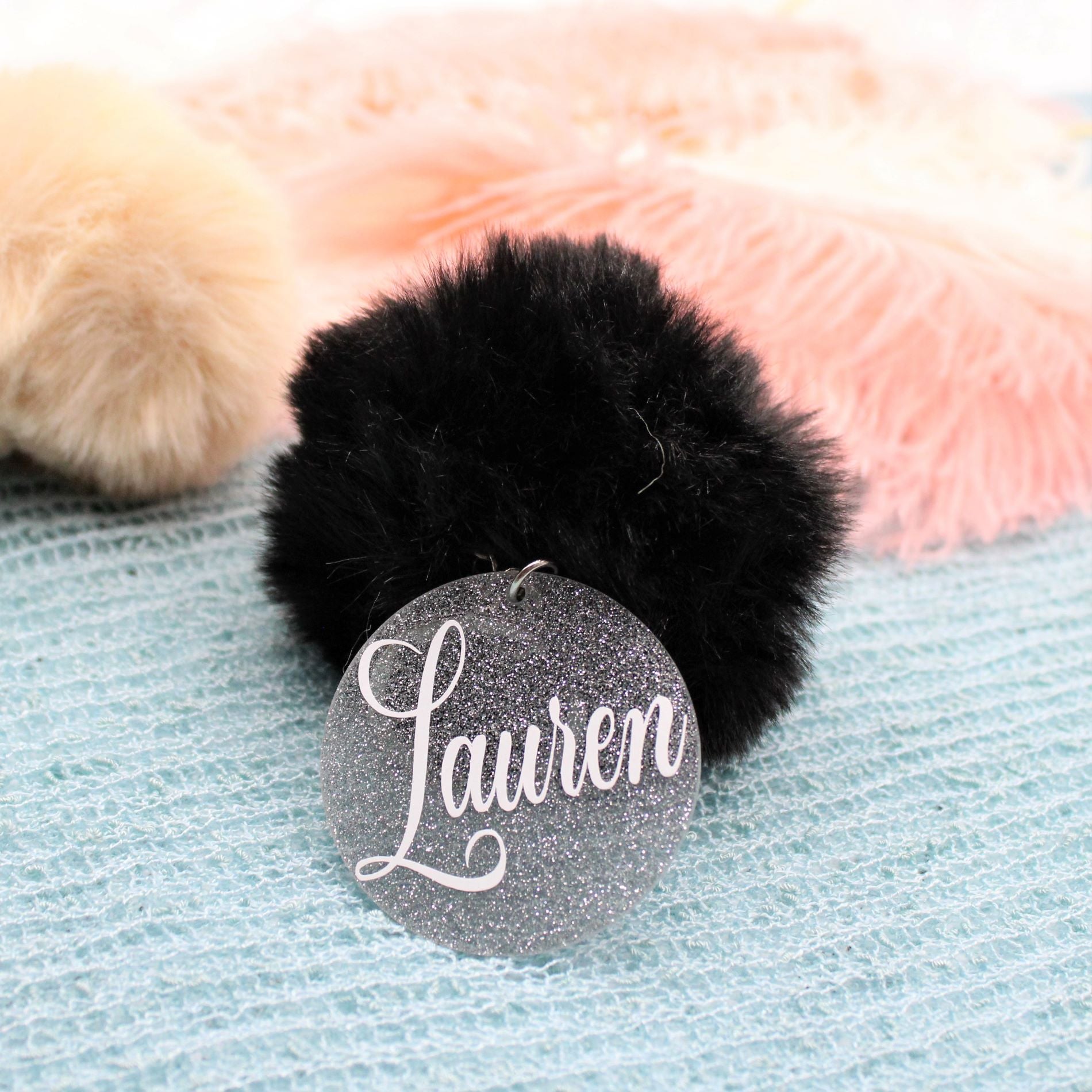 Personalised Keyring With Heart Pom Pom Faux Fur Custom 