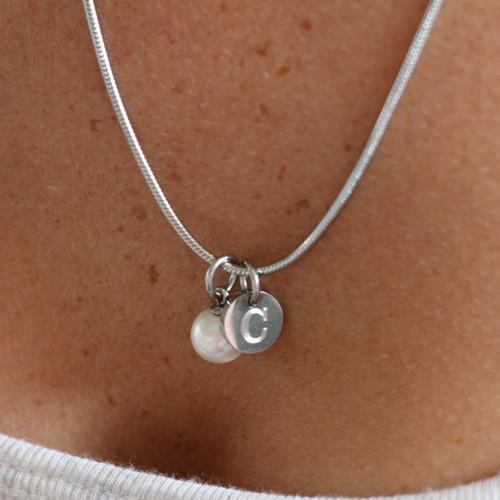 Engraved Stainless Steel Pearl Charm Necklace
