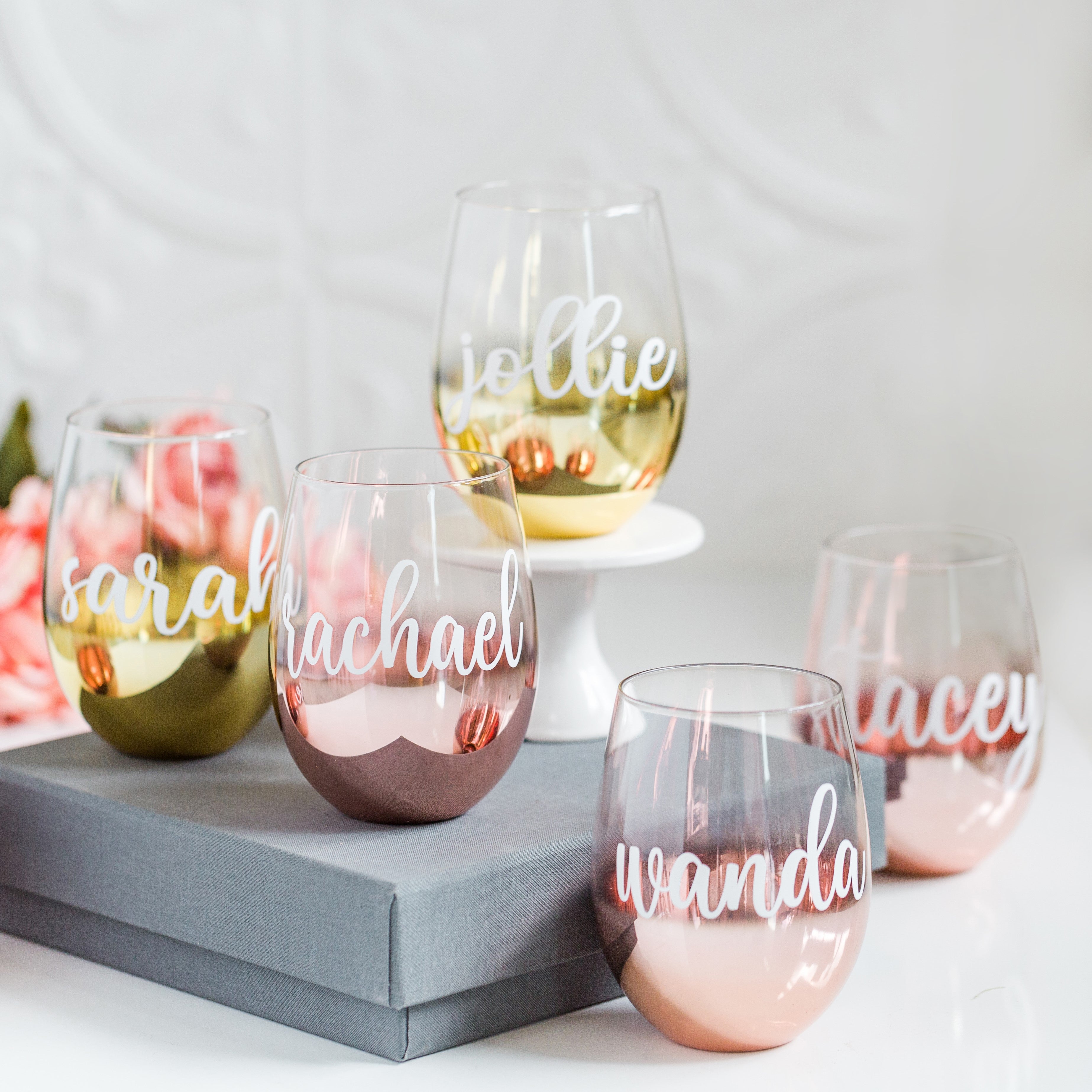 Personalized 16oz Wine Glass with Rose Gold or Gold Base - Bridesmaid Gifts  Boutique