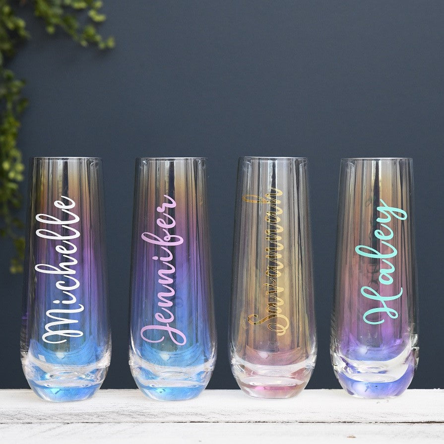 Personalized Irridescent Radiant Stemless Champagne Flute - Bridesmaid  Gifts Boutique
