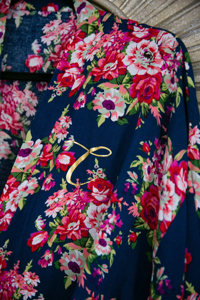 Floral Cotton Bridal Robe - Navy