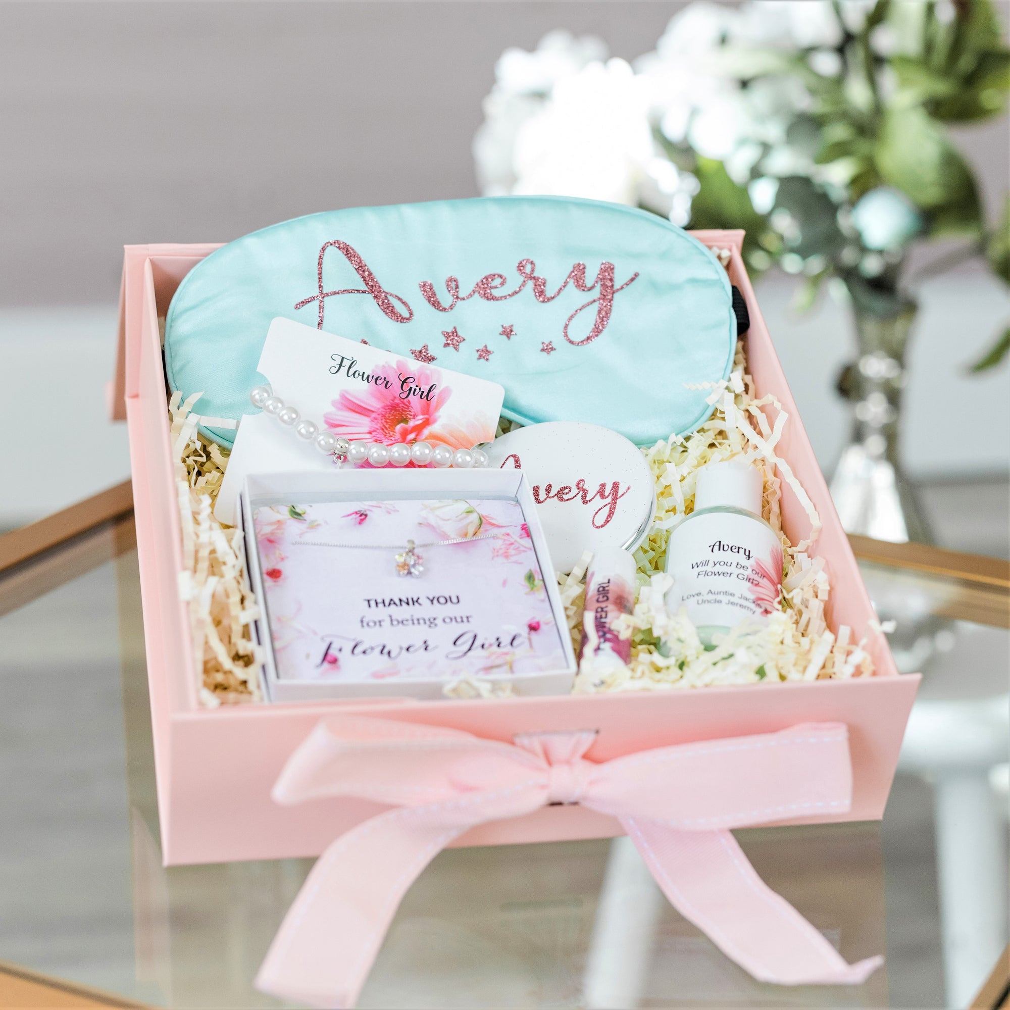Build a Flower Girl Gift Box Set options include Sleep Mask