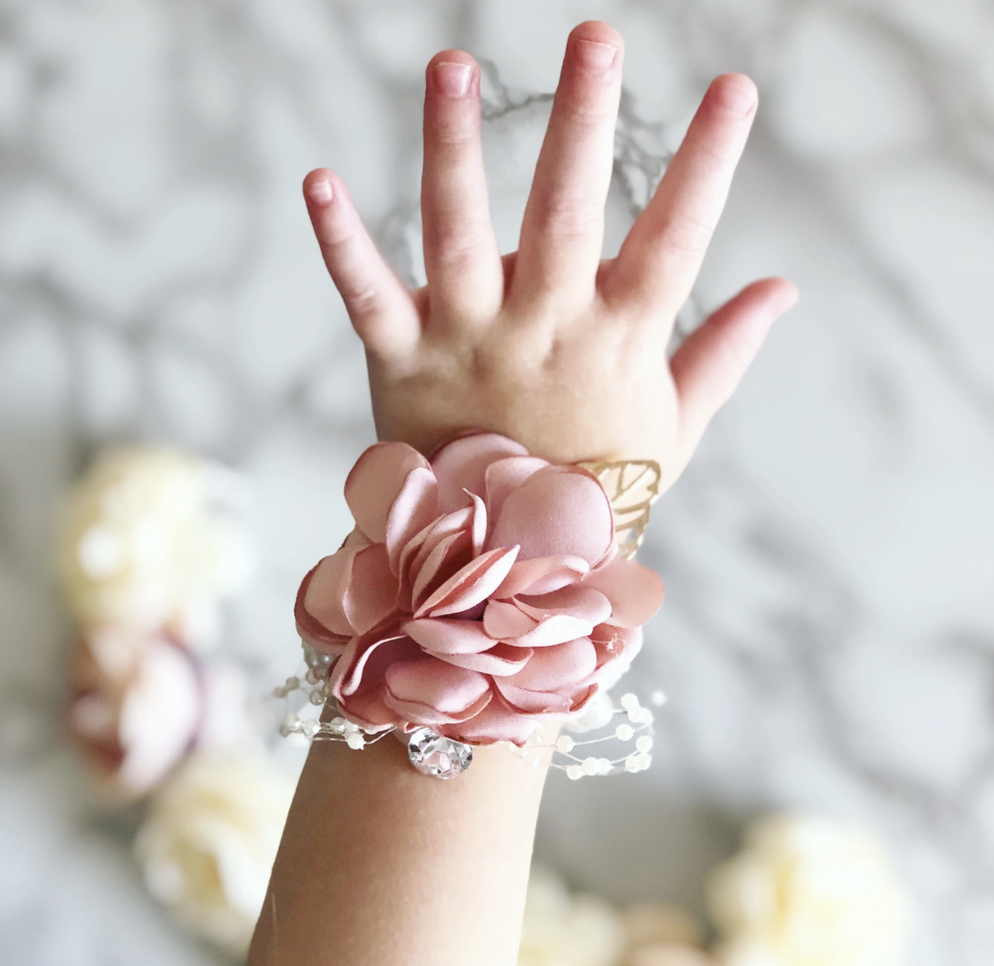 Flower Girl Pearl Corsage with Muave Flower and Gold Leaf with Personalized  Card - Bridesmaid Gifts Boutique