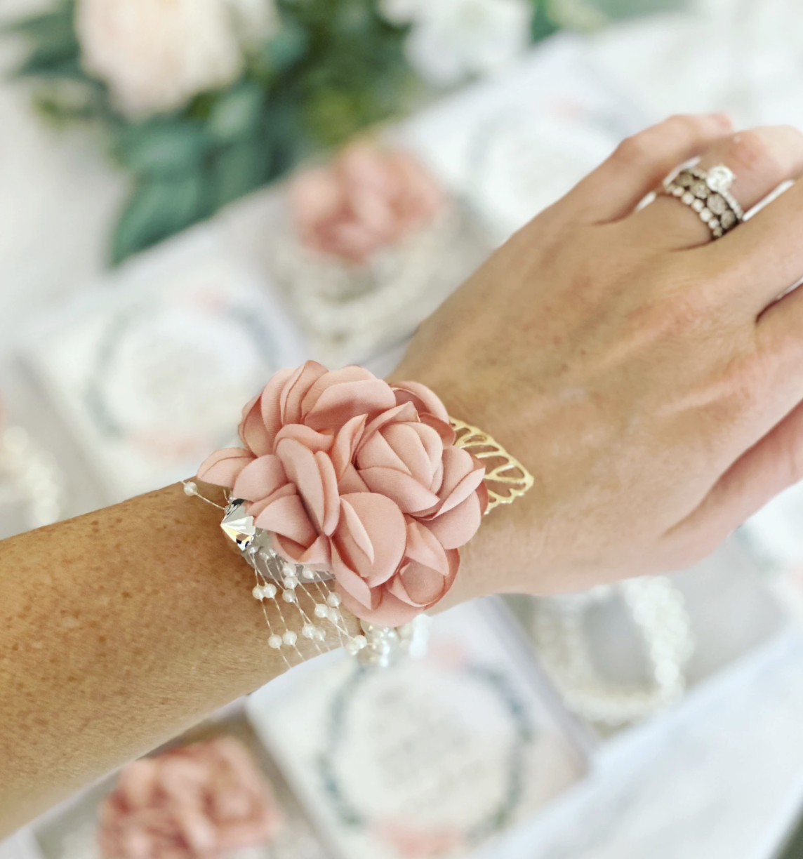 Flower Girl Pearl Corsage with Muave Flower and Gold Leaf with