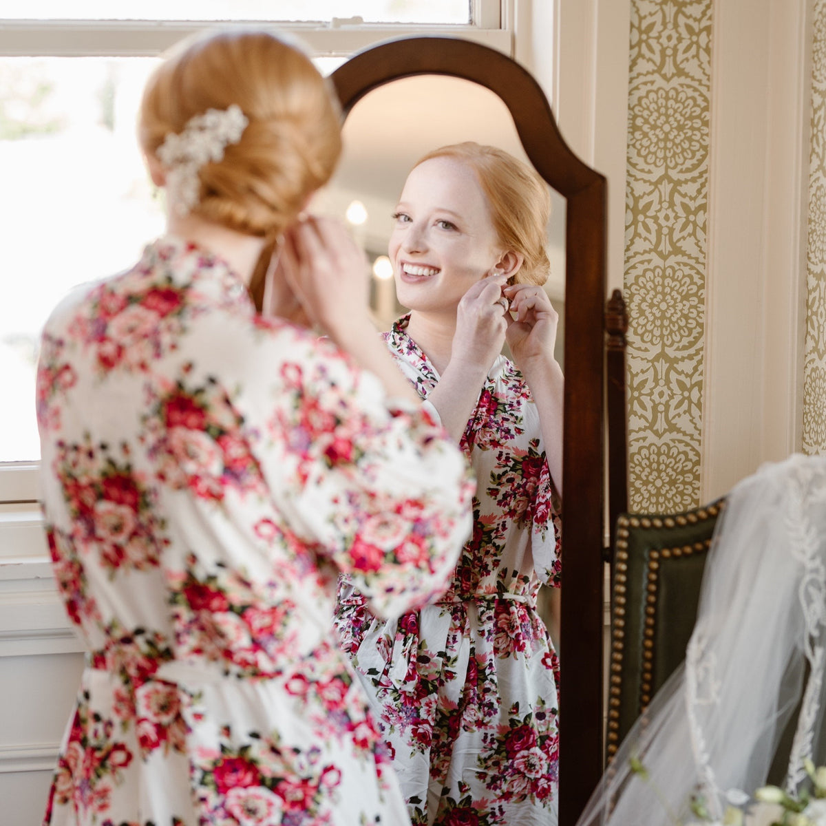 Floral Cotton Bridal Robe - Burgundy