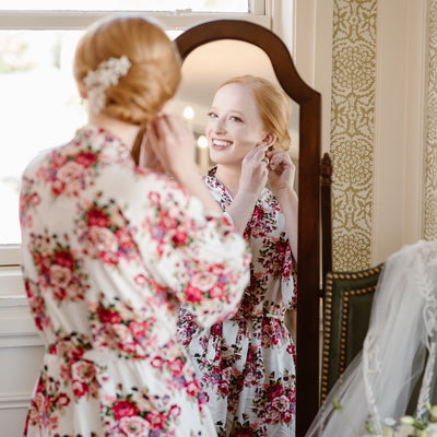 Floral Cotton Bridal Robe - Burgundy