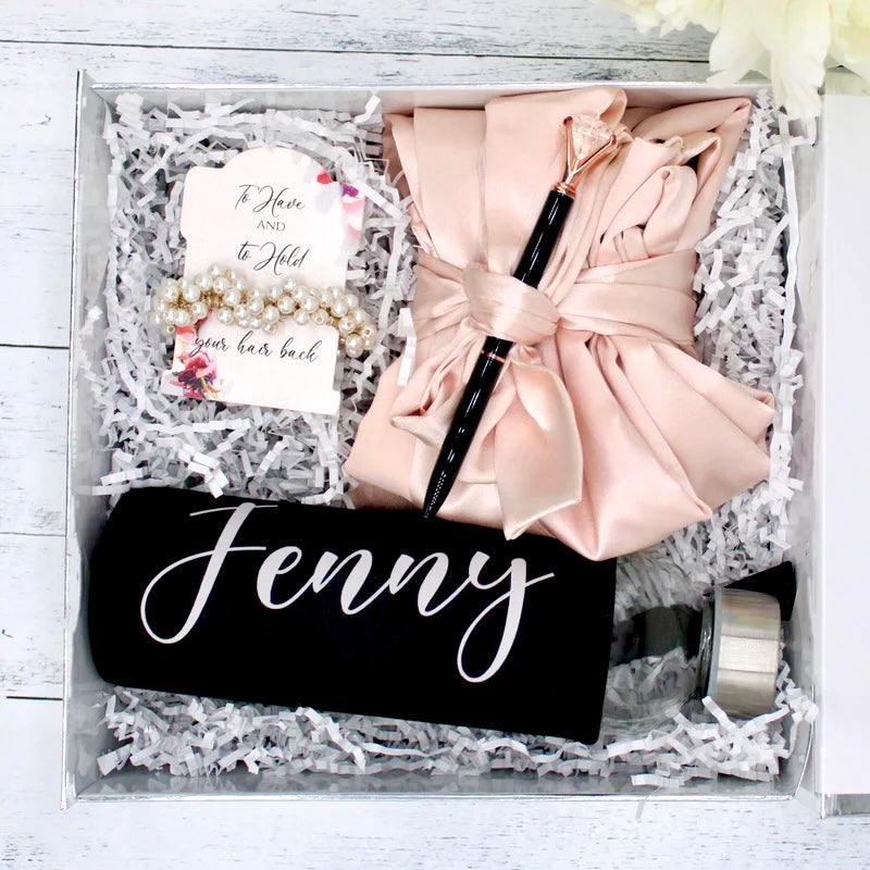 Bridesmaid Gift Box with Silver Foil Trim includes Robe, Glass Water  Bottle, Pen, and Hair Scrunchy - Bridesmaid Gifts Boutique