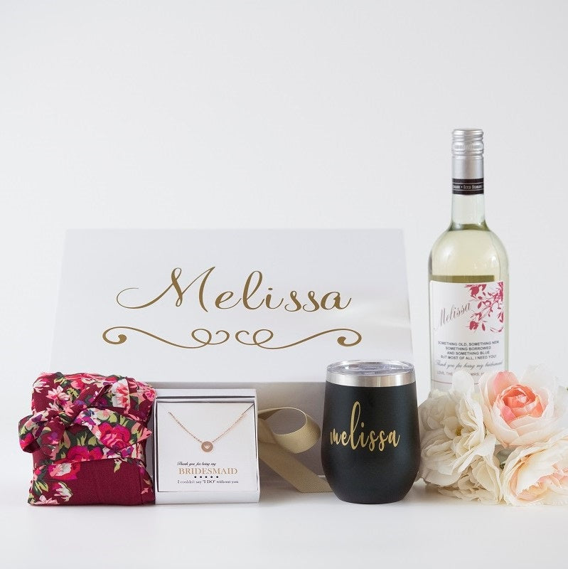 Build a Luxury Bridesmaid Gift Box options include Personalized Robe, Wine  Cup, Wine Label, Bridal Jewlery, Candle, Compact - Bridesmaid Gifts Boutique