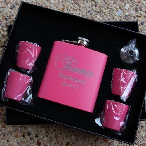 Engraved Stainless Steel Pink Flask & Shot Glass Set